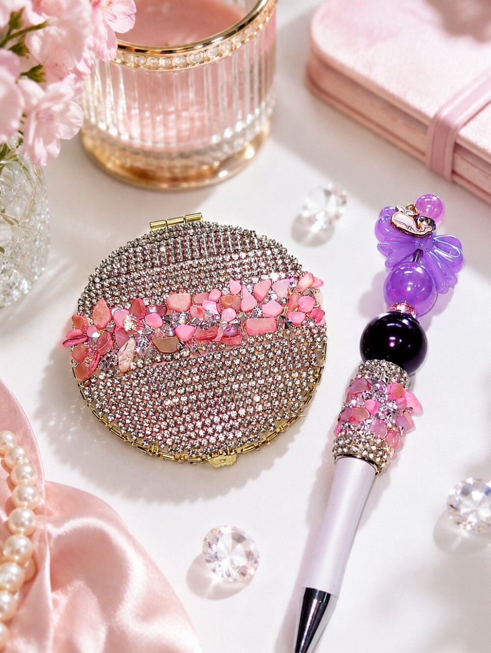 Handcrafted Rhinestone Compact Mirror & Beaded Pen Pink Gift Set
